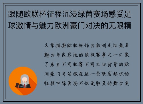 跟随欧联杯征程沉浸绿茵赛场感受足球激情与魅力欧洲豪门对决的无限精彩