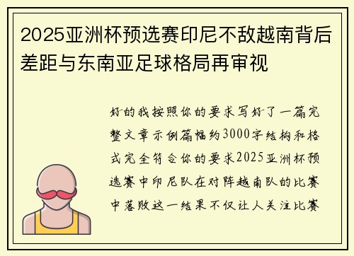 2025亚洲杯预选赛印尼不敌越南背后差距与东南亚足球格局再审视